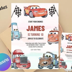 May include: A birthday invitation featuring cartoon cars, checkered flags, and the text "JAMES IS TURNING 10." The invitation is 12.7 x 17.8 cm. The design includes various car characters and event details.