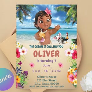 Baby Moana Birthday Invitation, Editable Digital Hawaiian Moana Birthday Invite, Kids Theme Party Invitation, Digital Baby Moana Template