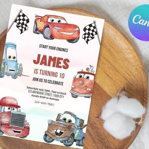 May include: A birthday invitation with cartoon car illustrations. The text reads "Start Your Engines" and "James is Turning 10". The invitation also includes the date, time, and location of the party, with a request to RSVP.