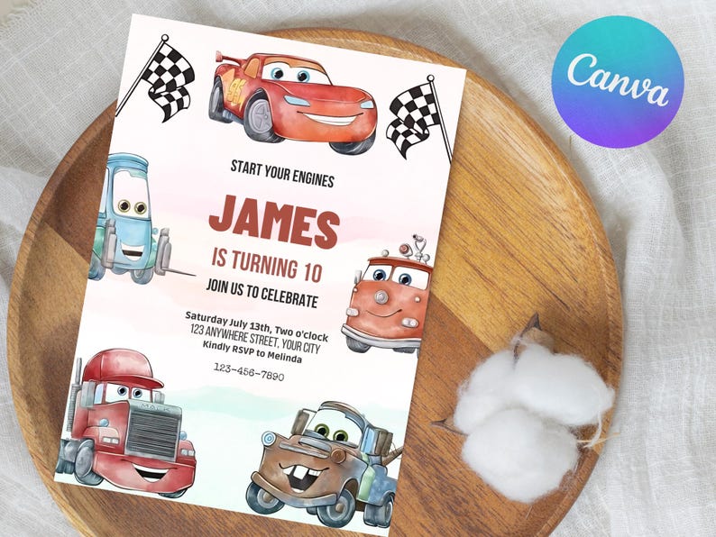 May include: A birthday invitation with cartoon car illustrations. The text reads "Start Your Engines" and "James is Turning 10". The invitation also includes the date, time, and location of the party, with a request to RSVP.
