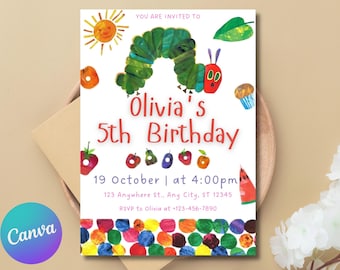 Very Hungry Caterpillar First Birthday Invitation, Hungry Caterpillar Invite, Kid Invitation, Any Age, Caterpillar Invitation Template