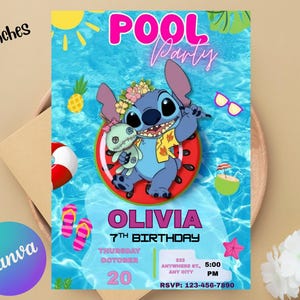 Geburtstagseinladung für Mädchen Stitch Pool Party Einladung Hawaii-Party einladen tropische Geburtstags-Einladung Mädchen-Party
