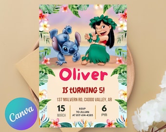 Invitación editable de Stitch, invitación de cumpleaños de Lilo y Stitch, plantilla de invitación para fiesta de Stitch, cumpleaños de niña de Stitch, niñas de Lilo y Stitch