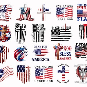 May include: A collection of patriotic designs featuring the American flag, crosses, and patriotic phrases. The designs incorporate red, white, and blue colors, with text such as "God Bless America," "One Nation Under God," and "Pray for America."