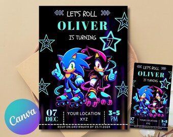 Sonic Editable Rolling Skating Birthday Invitation | Hedgehog Party Invitation Skate Party Birthday Invitation | shadow Neon Lights Download