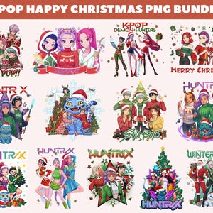 May include: A collection of colorful KPOP-themed Christmas PNG graphics. The designs feature anime-style characters in festive attire, with text elements like "SODA POP!!", "MERRY CHRISTMAS", and "WINTERTECH". The images are suitable for digital art projects.