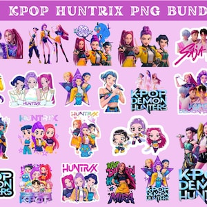 May include: A collection of 21 K-Pop Huntrix PNG bundle stickers. The stickers feature various K-Pop group illustrations with vibrant colors and stylized designs. Text includes "KPOP DEMON HUNTERS", "Saja Boys", and "Huntrix".