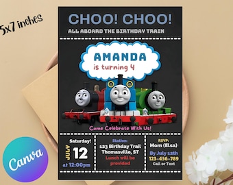 Editable Thomas The Tank Engine Birthday Invitation | Canva Digital Template Printable Party Invite | Children’s Birthday Train Theme
