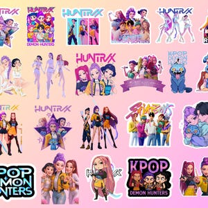 Peut inclure: Une collection d'autocollants colorés avec des personnages de style anime et le texte "HUNTRX" et "KPOP DEMON HUNTERS". Les autocollants présentent diverses poses et designs, avec des couleurs vives et des compositions dynamiques.
