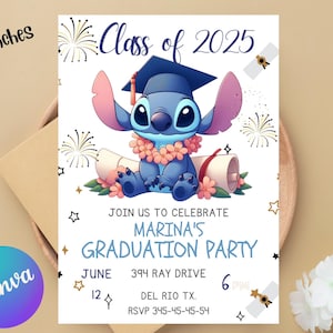 Stitch Graduation Blue Party Invitation | Stitch Lilo kindergarten and school Party Invitation | Lilo Angel Invitation Download Editable