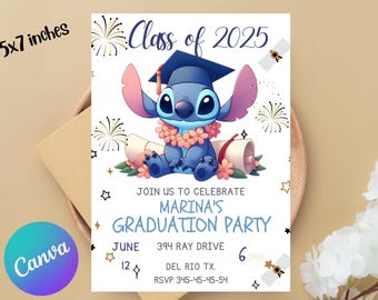 Stitch Graduation Blue Party Invitation | Stitch Lilo kindergarten and school Party Invitation | Lilo Angel Invitation Download Editable