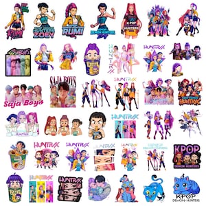 Pode incluir: Uma coleção de autocolantes coloridos com tema K-Pop, apresentando vários personagens e grupos. Os designs incluem ilustrações em estilo anime, texto como "KPOP DEMON HUNTERS" e nomes de grupos como "SAJA BOYS" e "HUNTRAX".