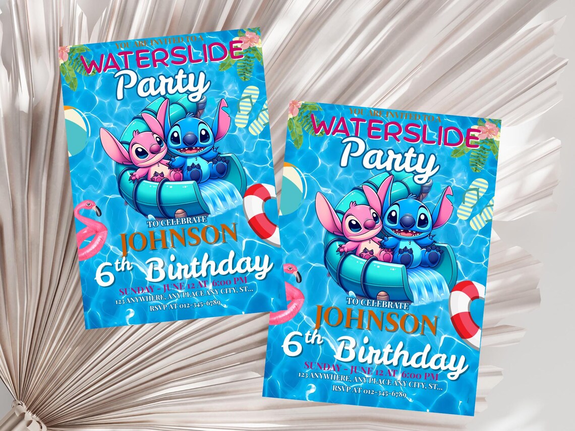 Stitch Pool Raft Stitch Lilo Pool Birthday Invitation | Stitch Angel Waterslide Party ...