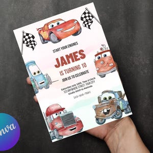 May include: A birthday party invitation with illustrations of Cars movie characters. The invitation includes the text "James is turning 10" and event details. Checkered flags are also included.