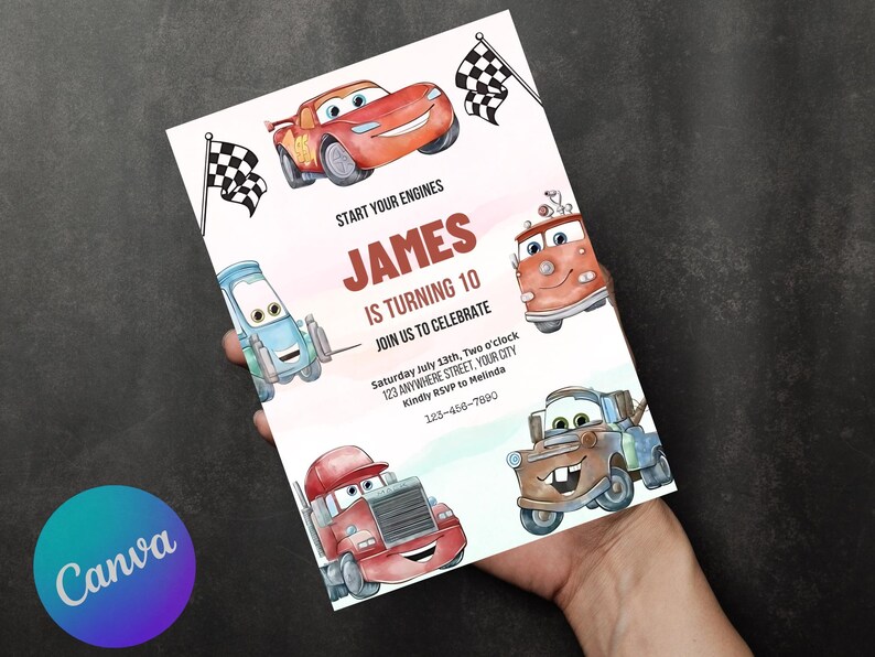 May include: A birthday party invitation with illustrations of Cars movie characters. The invitation includes the text "James is turning 10" and event details. Checkered flags are also included.