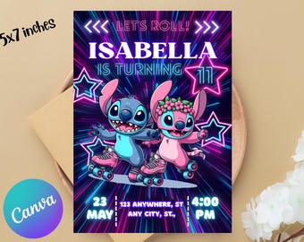 Stitch Roller Skating Birthday Party Invitation | Stitch Lilo Pastel Skate Party Invitation | Angel Invitation Download Skate Lights
