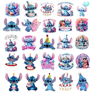 May include: A collection of colorful stickers featuring the character Stitch from the animated film Lilo & Stitch. The stickers depict Stitch with birthday cakes, party hats, and balloons. Text includes "Happy Birthday" and "Birthday Girl".