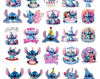 Cumpleaños de Stitch PNG, paquete de imágenes prediseñadas de Stitch, gorro y globos de cumpleaños de Stitch PNG, Lilo y Stitch Svg Png, Stitch lindo PNG