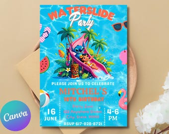 Editable Stitch Pool Party Invitation, Lilo & Stitch Birthday Party Invite, Printable Pool Birthday Invite, Girls Pool Party, Canva Editable