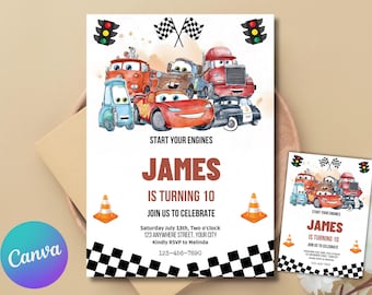 Autos-Geburtstags-Einladung | Lightning McQueen Einladung, Kindergeburtstag-Einladung | Bearbeitbare personalisierte Canva druckbare digitale Einladung