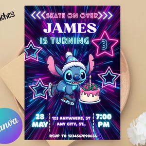 May include: A 12.7 x 17.8 cm invitation card with a cartoon character on ice skates, holding a cake. The card has a neon blue and pink color scheme with the text "JAMES IS TURNING 3". The invitation includes event details.