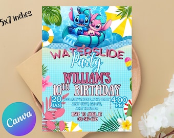 Stitch Pool Party Birthday Invitation for Girl Editable Stitch and Angel Pool Invitation Hawaii party birthday invitation girl party