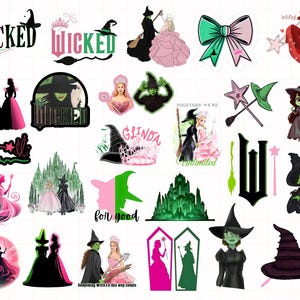 May include: A collection of stickers featuring characters and elements from the musical "Wicked." Designs include the words "Wicked," witch hats, broomsticks, and illustrations of Glinda and Elphaba in various poses, in shades of green, pink, and black.
