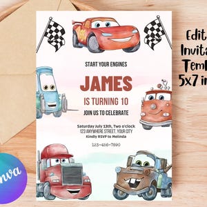 May include: An invitation template featuring cartoon cars and chequered flags. The invitation reads "JAMES IS TURNING 10" and includes event details. The template is 12.7 x 17.8 cm and is editable.