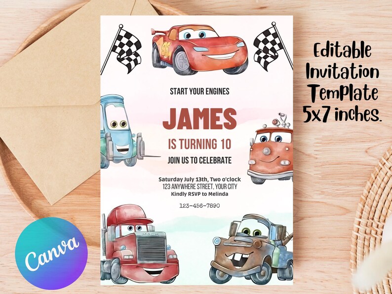 May include: An invitation template featuring cartoon cars and chequered flags. The invitation reads "JAMES IS TURNING 10" and includes event details. The template is 12.7 x 17.8 cm and is editable.
