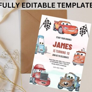 May include: A birthday invitation with cartoon car illustrations, chequered flags, and the text "FULLY EDITABLE TEMPLATE." The invitation reads "JAMES IS TURNING 10" with event details. The design includes a red race car, a blue car, and a brown truck.