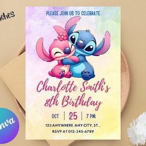 Modelo de convite de aniversário editável com Stitch, convites para festa de aniversário para imprimir, convite digital para festa infantil, convite digital para aniversário