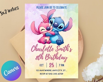 Stitch and Angel Birthday Invitation, Editable Stitch Birthday Invitation, Digital Party Invite, Stitch Birthday Party Invitation Printable