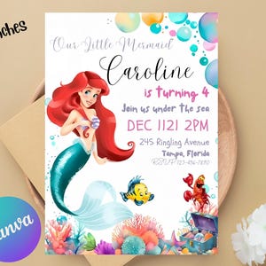 Editable Little Mermaid Birthday Invitation, Ariel Birthday Invitation Template, The Little Mermaid Card, Princess Ariel Digital Invitation