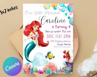 Editable Little Mermaid Birthday Invitation, Ariel Birthday Invitation Template, The Little Mermaid Card, Princess Ariel Digital Invitation
