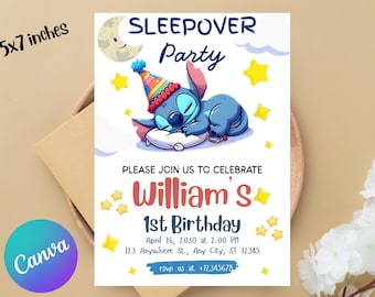 May include: A 5x7 inch invitation for a sleepover party. The design features a cartoon character sleeping on a pillow, surrounded by stars and a crescent moon. The invitation is for William's 1st birthday.