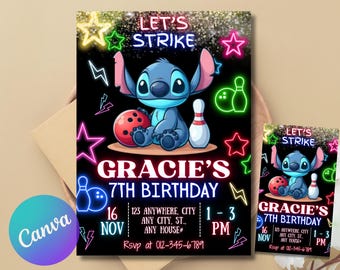May include: A black invitation card with the text "Let's Strike" and "Gracie's 7th Birthday" in neon colours. The card features a cartoon character holding a bowling ball and pin, with additional neon stars and bowling pins.