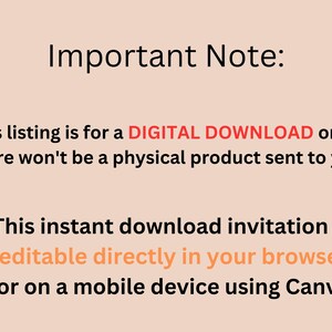 May include: A digital download announcement with text in black and orange on a light peach background. The text reads "Important Note: This listing is for a DIGITAL DOWNLOAD only. There won't be a physical product sent to you."