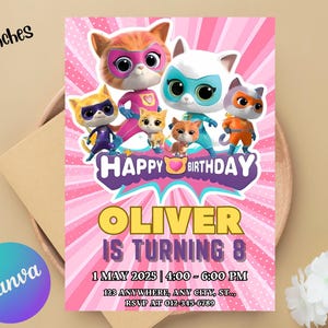 Girl Super Kitties Birthday Invitation Template Super Kitties Invitation Digital Cat Girl Invite Template Kitty Cat Party Invite