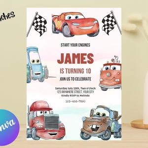 May include: A 12.7 x 17.8 cm invitation featuring cartoon cars and checkered flags. The invitation reads "JAMES IS TURNING 10" and includes event details. The Canva logo is visible in the bottom left corner.