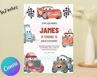 Cars Birthday Party Invitation, Lightning Mcqueen Birthday, Cars Party Invite, Second Birthday Party Invitation, Two Fast, 2, Canva Editable