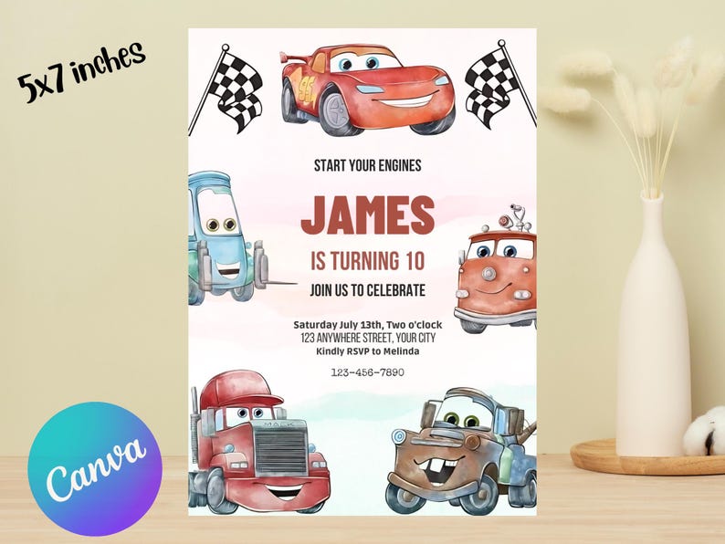 May include: A 12.7 x 17.8 cm invitation featuring cartoon cars and checkered flags. The invitation reads "JAMES IS TURNING 10" and includes event details. The Canva logo is visible in the bottom left corner.