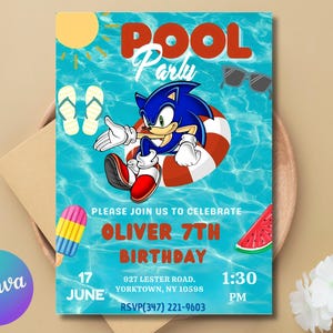May include: A vibrant invitation for a pool party featuring the character Sonic the Hedgehog in a life preserver. The invitation includes the text "Pool Party," "Oliver 7th Birthday," and event details against a blue water background.