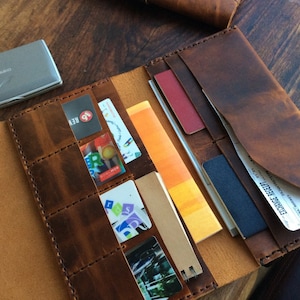Leather document wallet, Handmade leather large trifold travel wallet boarding pass holder, Handstitched womens leather wallets 11 pockets