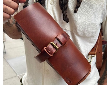 Barrel Bag, Cross body Bridle leather bag, Cognac heavy gauge leather, made by hand