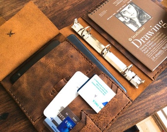 Handmade Leather A5 Ring Binder Planner, Multi-Pocket Organizer