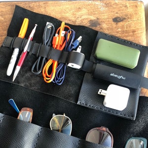 Leather charger case / Easy leather cord keeper / Soft black portable charger holder / Power bank case