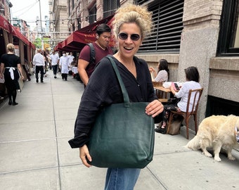 Green Tote Bag / Large Green Shoulder Tote / Large Leather Shopper Bag / Soft Pebbled Shoulder Bag / Made in New York by Hand