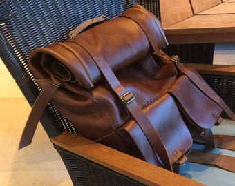 Handmade Leather Roll Top Backpack, Expandable Rucksack