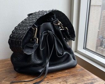 Leather bucket bag / Black leather crossbody bag