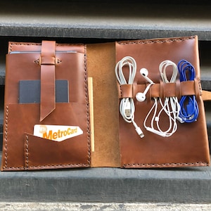 Può includere: Un portafoglio da viaggio in pelle marrone con più tasche e fessure per trasportare carte, contanti e altri oggetti essenziali. Il portafoglio ha una chiusura a lembo e viene assicurato con un bottone a pressione. Il portafoglio è aperto per rivelare una MetroCard all'interno di una delle tasche. Ci sono anche diversi cordini bianchi e blu avvolti attorno all'interno del portafoglio.